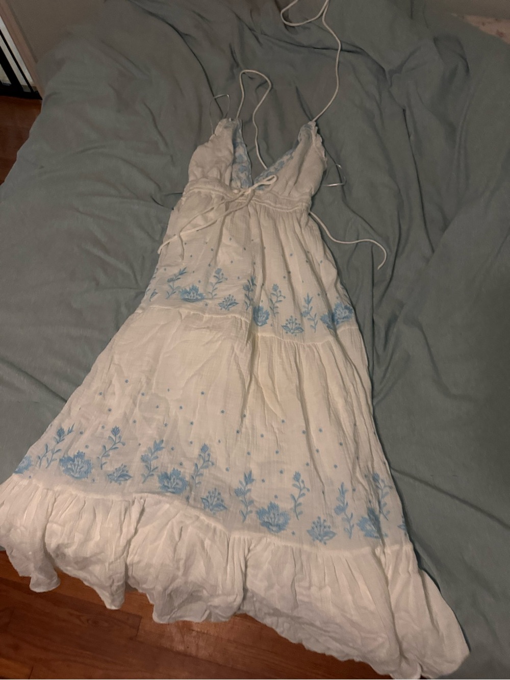 Women's White Floral Embroidered Slip Dress with Blue Accents